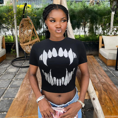 Camiseta corta de manga corta con cuello redondo y estampado de moda de verano para mujer