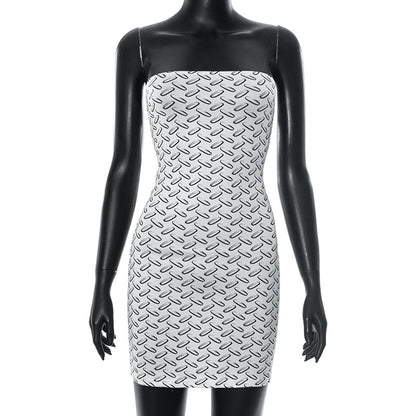 Women Fashion Sexy Geometric Print Strapless Backless Dress