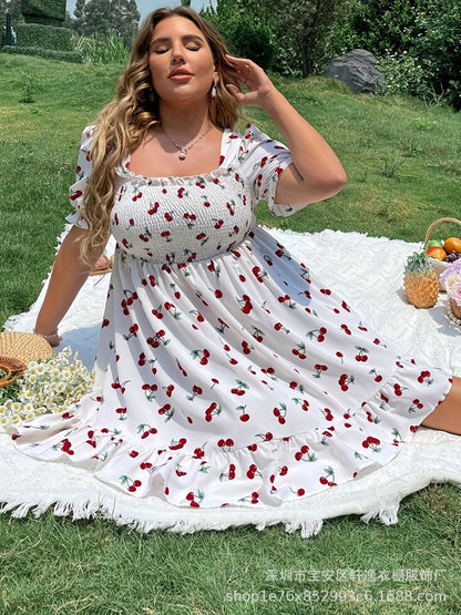 Women Casual Plus Size Cherry Print Bubble Sleeve Dress