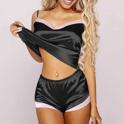 Women Fashion Color Blocking Satin Sleepwear Pajamas