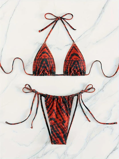 Women Sexy Retro Stripe Printed Halter-Neck Bikini Swimsuit