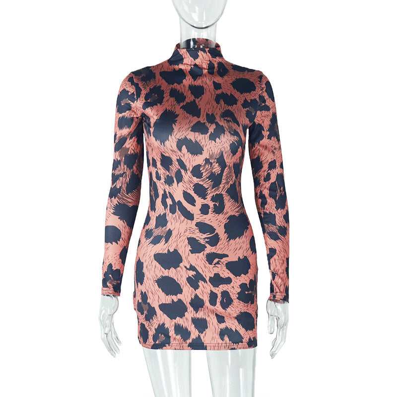 Vestido mini ajustado de manga larga con estampado de leopardo sexy para mujer