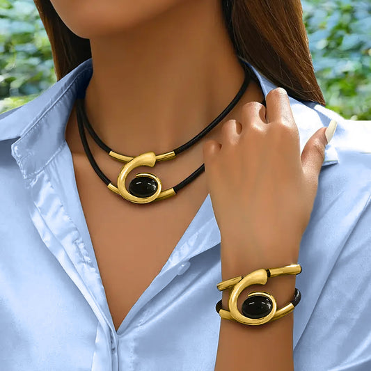 Women Casual Boho Gold & Black Necklace Bracelet Set