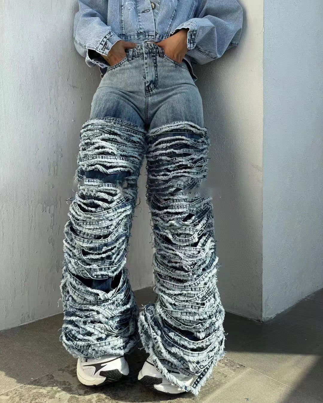 Women Fashion Edge Ripped Jeans Dark Blue Straight Leg Pants
