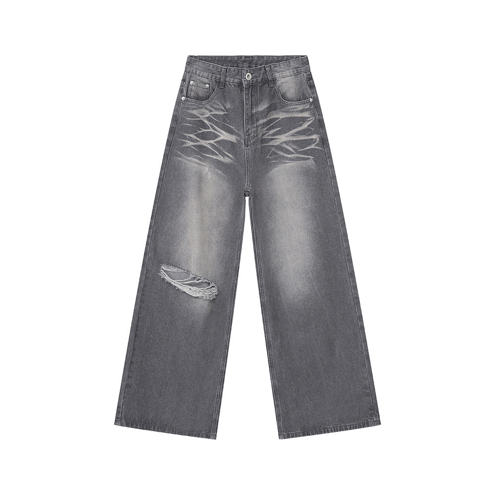 Men Vintage Washed Ripped Straight Leg Jeans