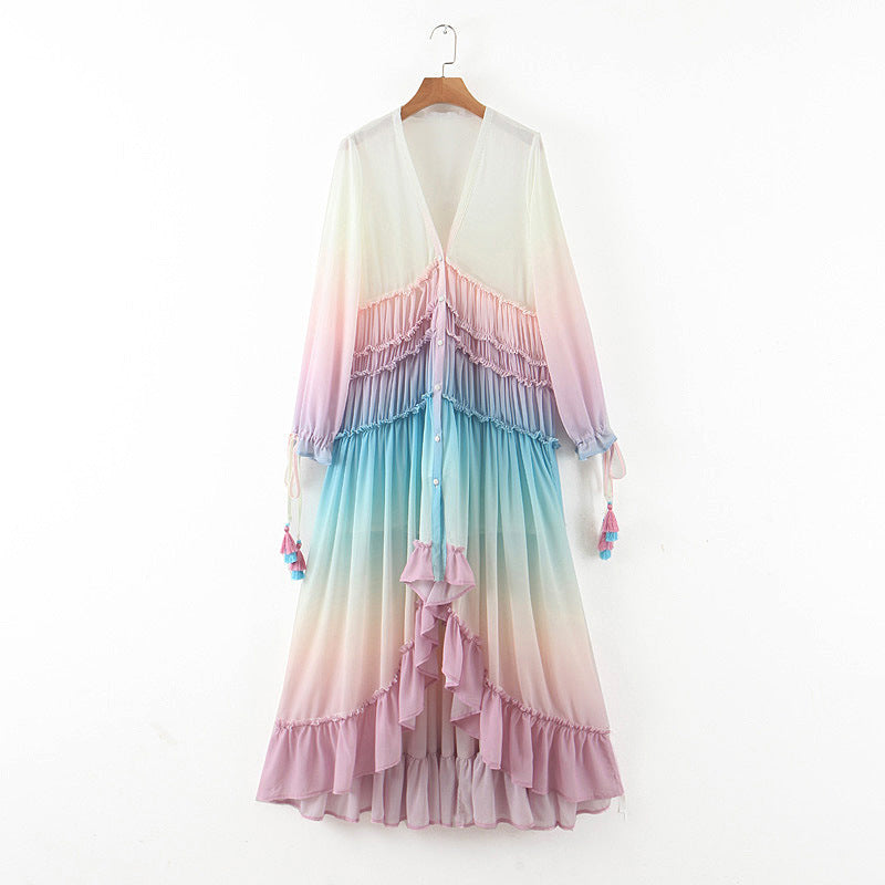 Women's Fashion Gradient Color Ruffle Maxi Boho Dress