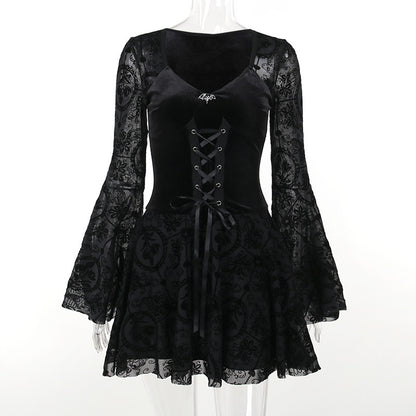 Robe floquée à manches longues de style gothique pour femme