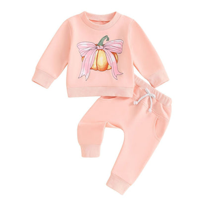Kids Baby Girls Halloween Pumpkin Print Cotton Two-Piece Set