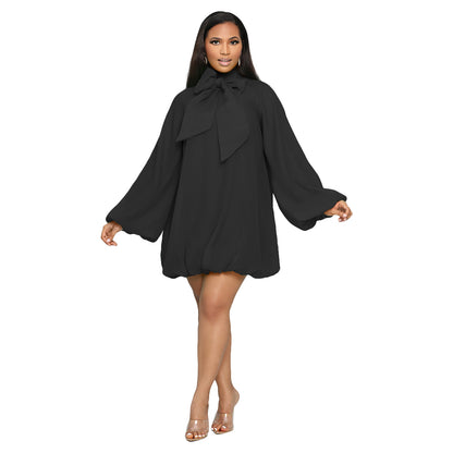 Women Fashion Solid Color Bow Puff Sleeve Chiffon Dress