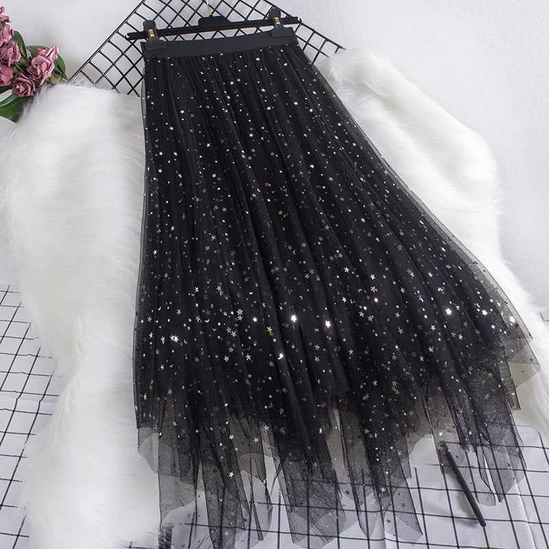 Women Fashion Irregular Star Sequin Mesh Skirt