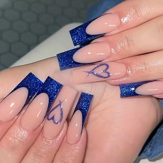 Women Fashion Long Blue Love Glitter Fake Nail