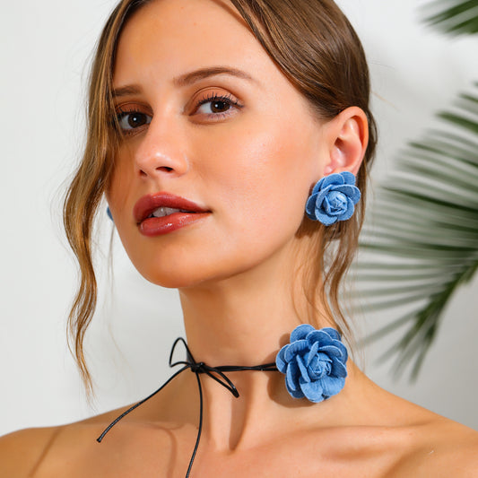 Fashion Strap Floral Denim Earrings Necklace Set