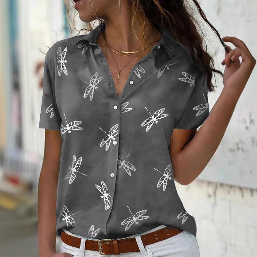 Blusa informal de poliéster con estampado de libélula y manga corta para mujer