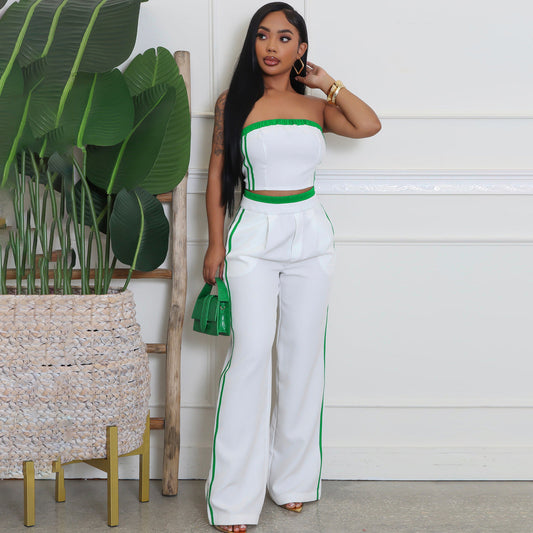 Women Fashion Contrast Stitching Strapless Top and Wide Leg Pants Set
