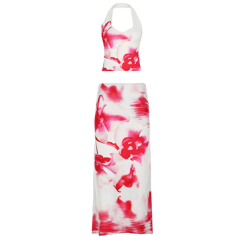 Conjunto de camiseta sin mangas con cuello halter, espalda descubierta y falda de cintura alta con estampado floral para mujer