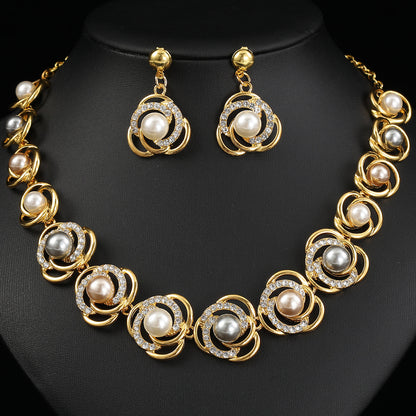 Women Fashion Elegant Alloy Plating Pearl Zircon Earrings Necklace Set