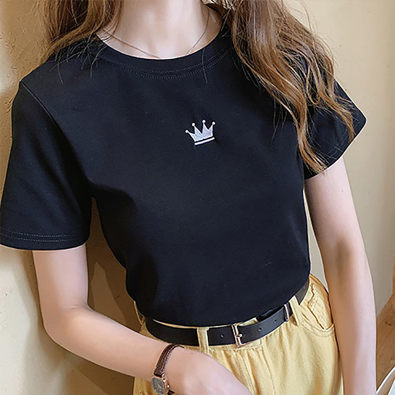 Women Fashion Casual Solid Color Embroidered Crewneck T-Shirt