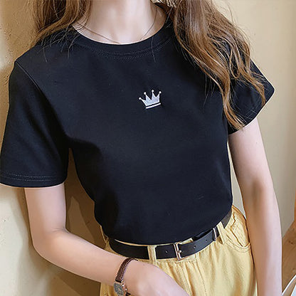 Women Fashion Casual Solid Color Embroidered Crewneck T-Shirt