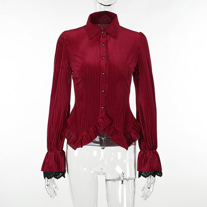Gothic Casual Velvet Stripe Long-Sleeve Blouse