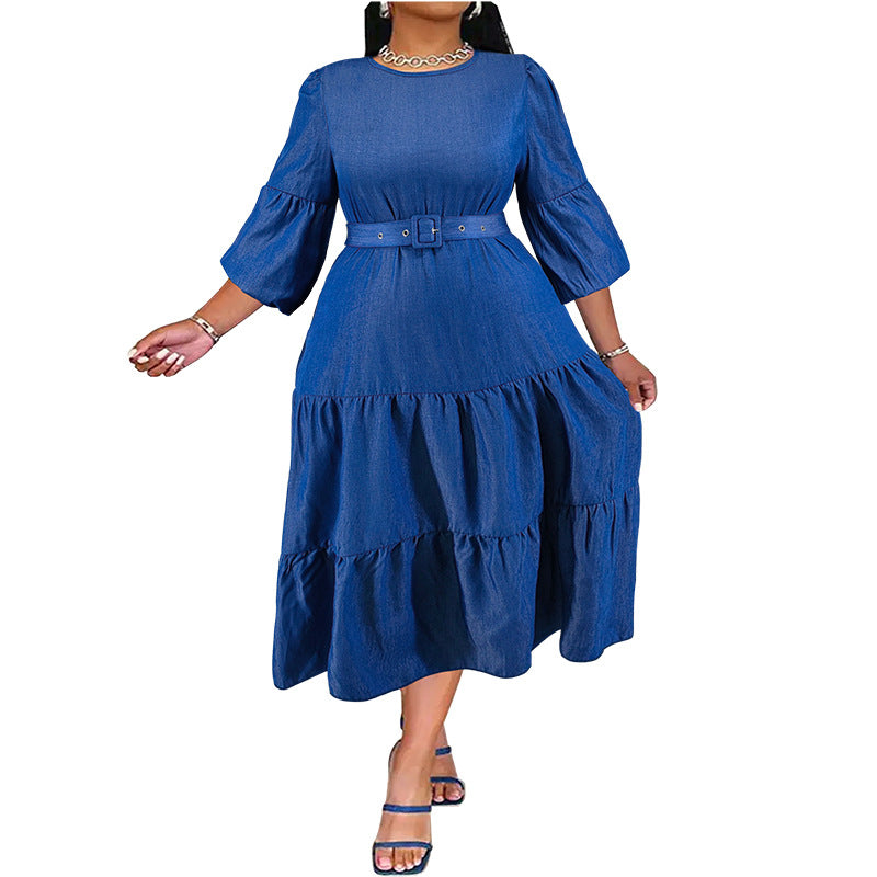 Vestido vaquero de talla grande para mujer con falda plisada y mangas largas