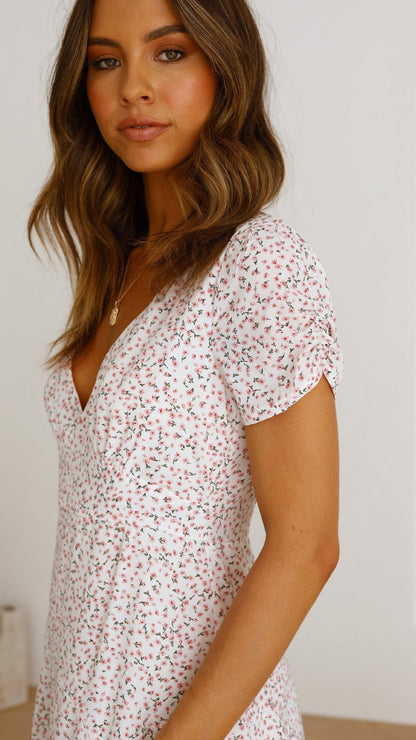 Robe d'été à petites fleurs et col en V pour femme