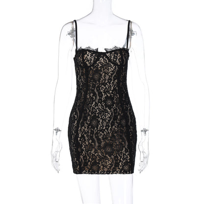 Women Fashion Sexy Solid Color Lace Spaghetti Strap Dress