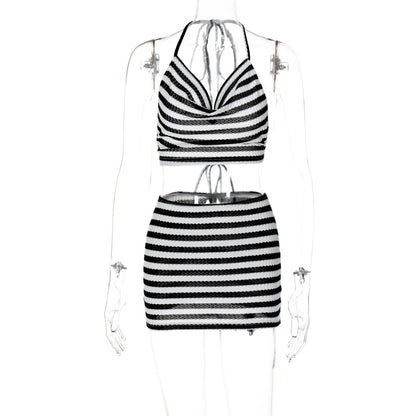 Women Fashion Sexy Stripe Halter-Neck Two-Piece Set