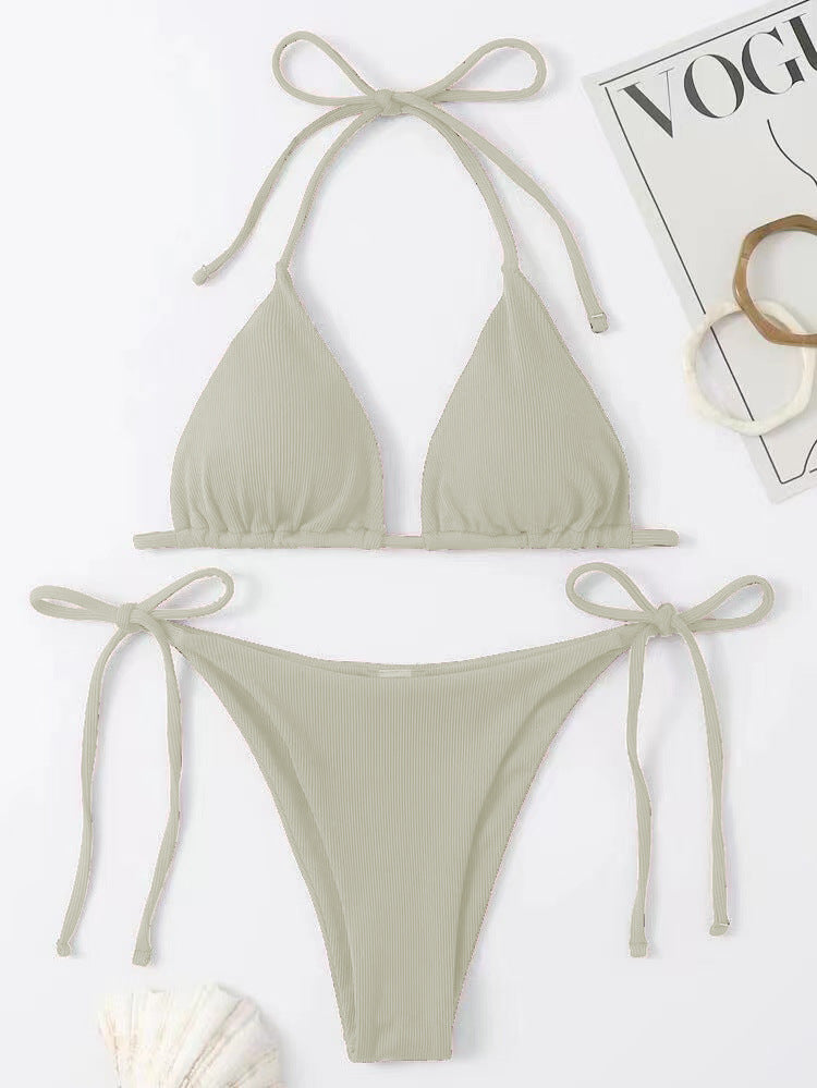 Conjunto de bikini sexy con tirantes finos de color liso para mujer de verano