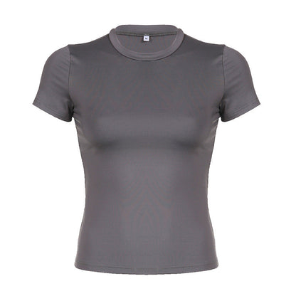 Women Fashion Casual Round Neck Short Sleeve Solid Color Blank T-Shirt