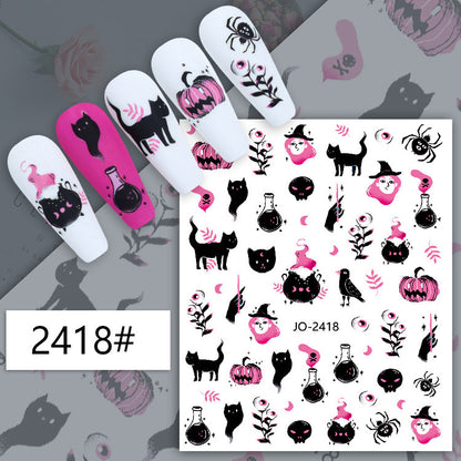 Autocollant pour ongles motif dessin animé d'Halloween, crâne, citrouille, chat noir, sorcière, gribouillage