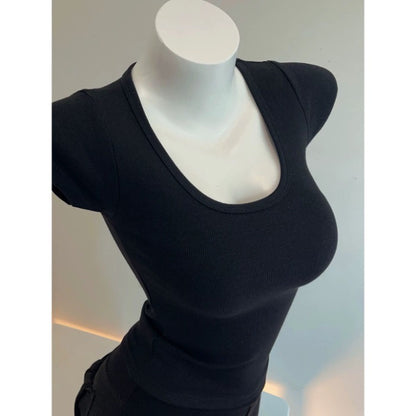 T-shirt slim à col en U pour femme, couleur unie, en mélange de polyester