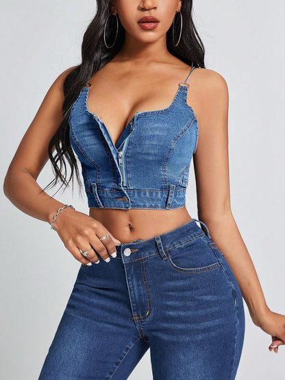 Women Fashion Deep V Backless Denim Camisole