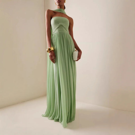Women Elegant Solid Color Strapless Pleated Dress