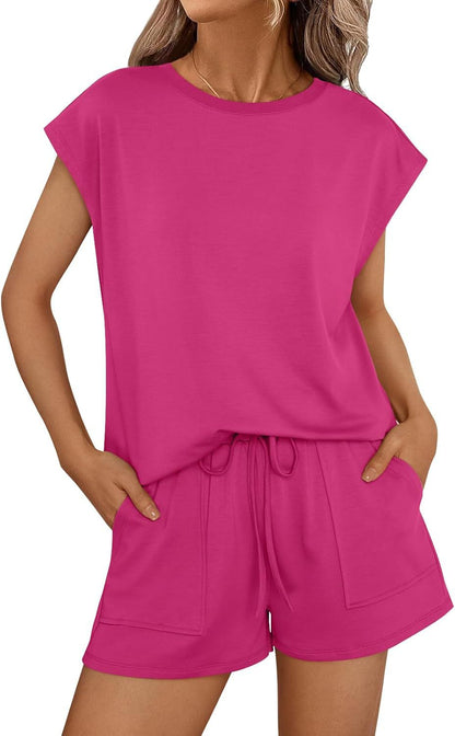 Conjunto informal de dos piezas para mujer, color liso, cuello redondo y manga corta