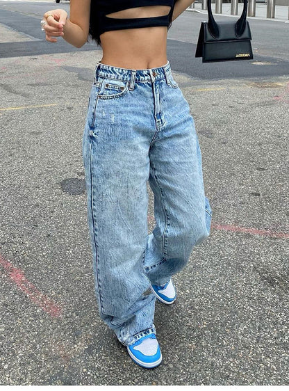 Jean slim décontracté pour femme, taille haute et jambe droite