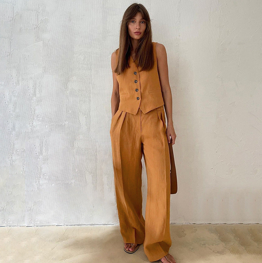 Women Casual Solid Cotton V-Neck Two-Piece Set