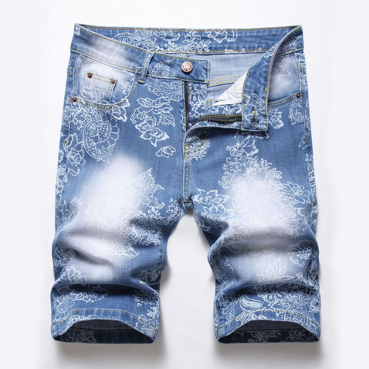 Pantalones cortos vaqueros con estampado elástico informal a la moda para hombre