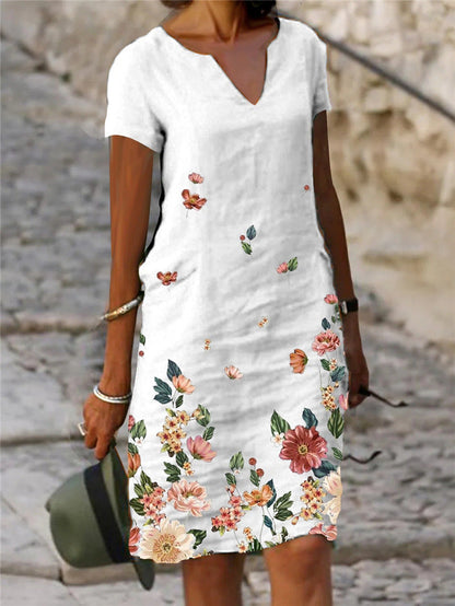 Vestido informal de mujer con estampado floral, manga corta y cuello en V