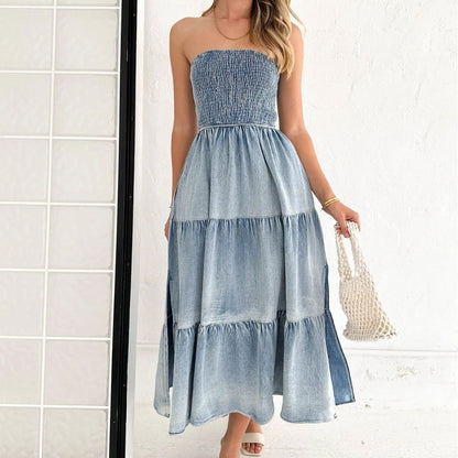 Vestido vaquero sexy con top de tubo y costuras plisadas a la moda para mujer