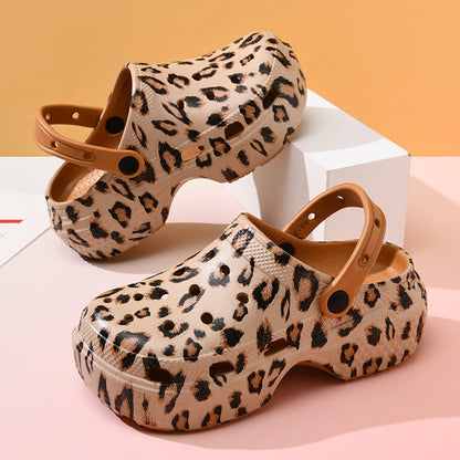 Pantuflas informales de leopardo para mujer, antideslizantes, con suela gruesa y agujeros