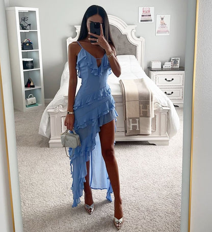 Women Sexy Irregular Ruffled Spaghetti Strap Dress in Sky Blue