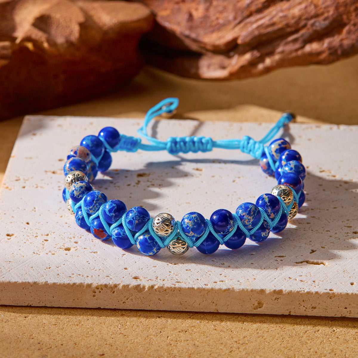 Women Fashion Casual Boho Handmade Woven Double-Layer Winding Natural Stone Bracelet