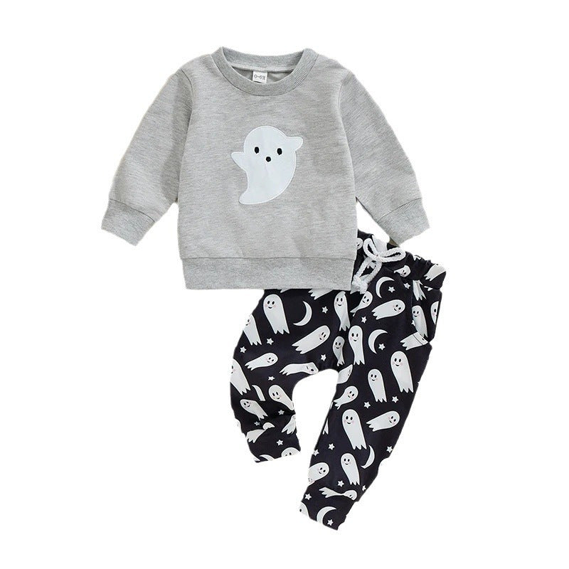 Kids Halloween Pumpkin Print Cotton Long Sleeve Set