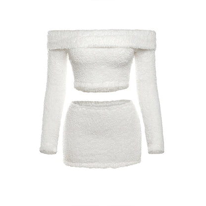 Women Solid Color Autumn Winter Plush Skirt Set