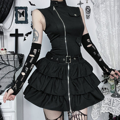 Robe gothique sans manches zippée de couleur unie pour femme