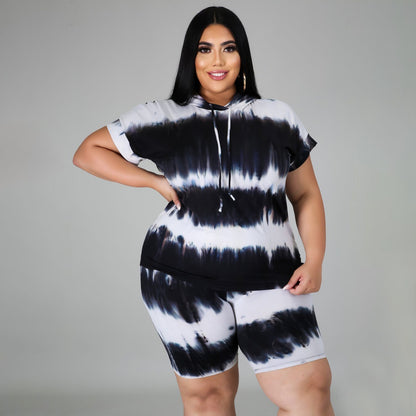 Women Casual Tie-Dye Shorts Two-Piece Set with Hoodies
