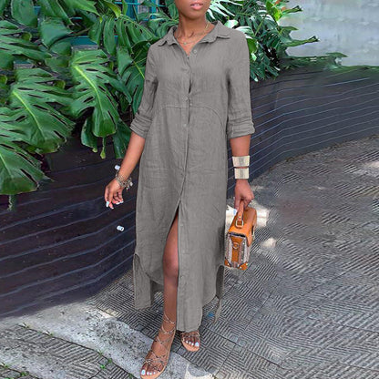 Vestido camisero largo informal de algodón y lino con solapa para mujer