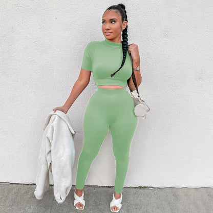 Ensemble deux pièces décontracté pour femme, haut court et pantalon en élasthanne, couleur unie
