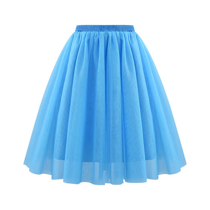 Women Fashion Elegant Solid Color High Waist Pleated Mesh Skirt