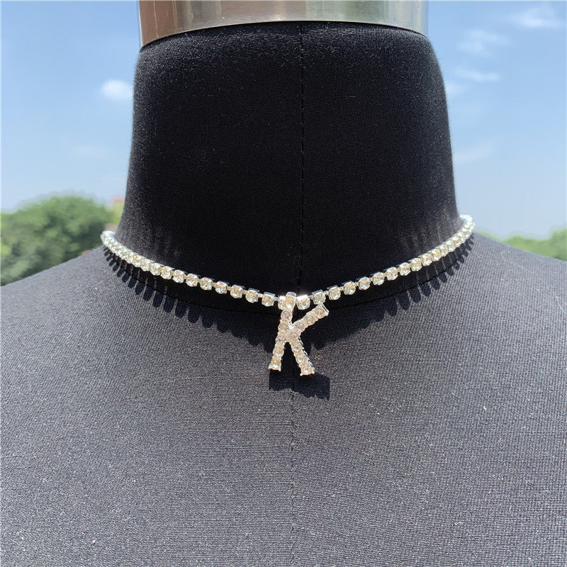 Women Rhinestone Alphabet Necklace